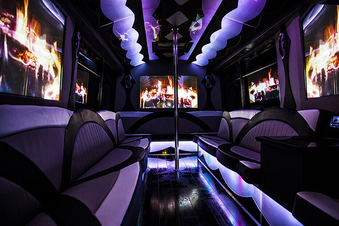 Shuttle bus with dance floor for a birthday party